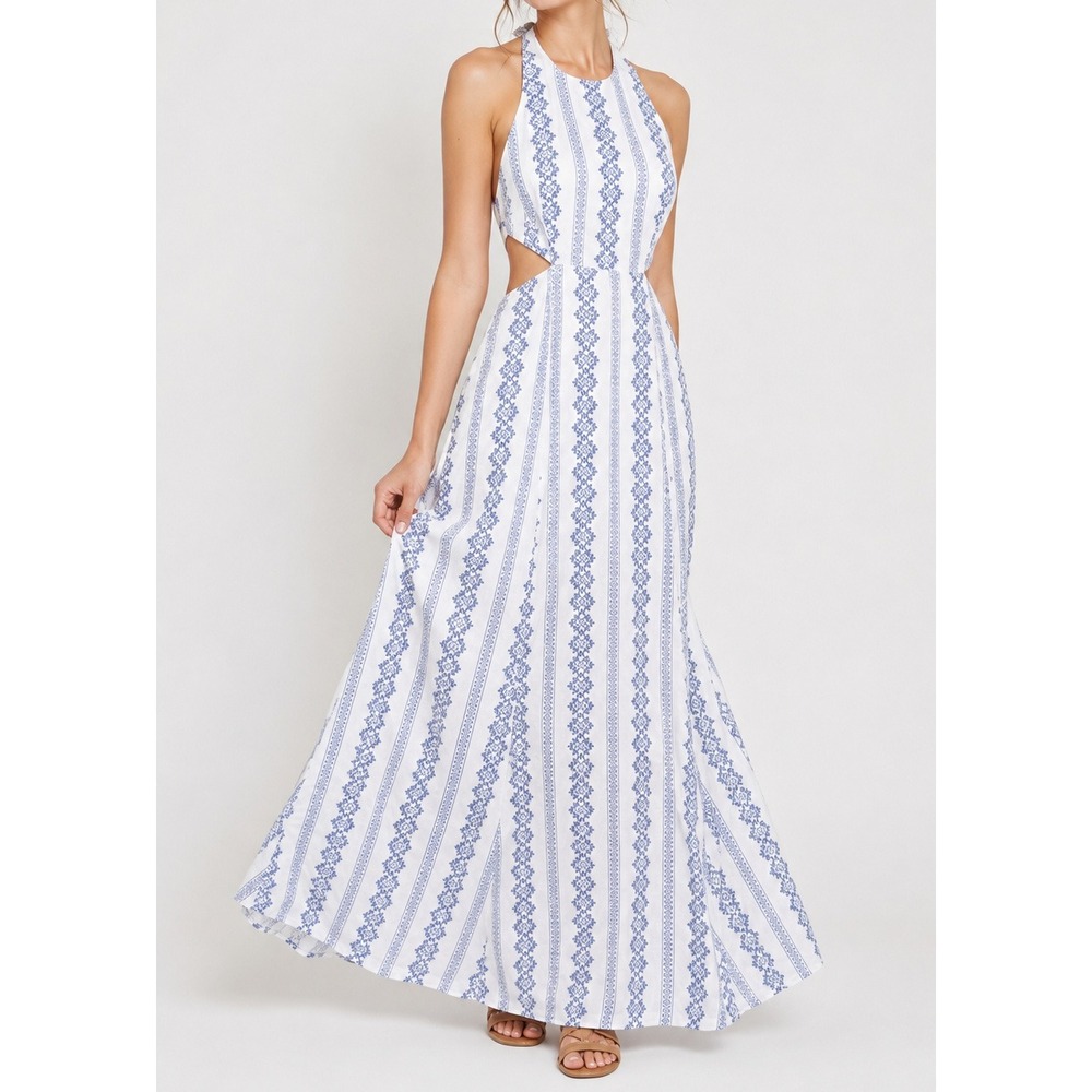 HOMMAGE Halter Cut-Out Maxi Dress Women L Bohemian Blue White Tie Back